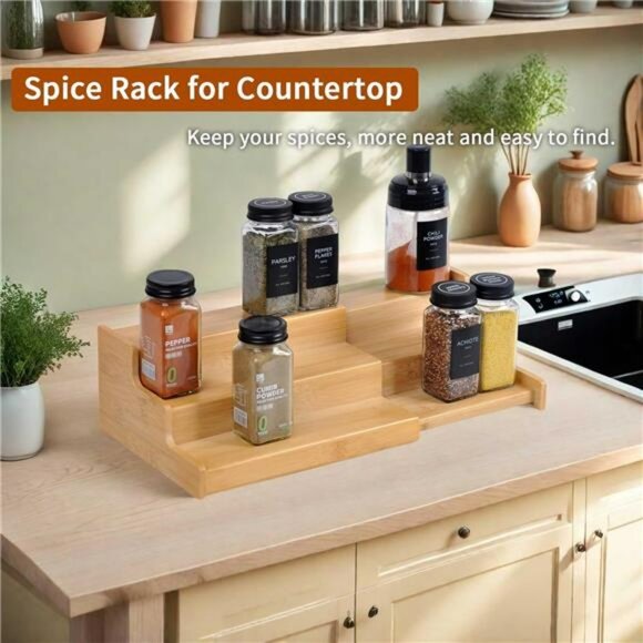 adjustable bamboo spice rack organizer 3 tier kitchen cabinet pantry shelf stora - Picture 7 of 8